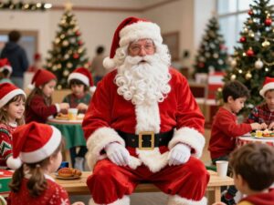 Professional Santa Claus engaging with children in a festive atmosphere