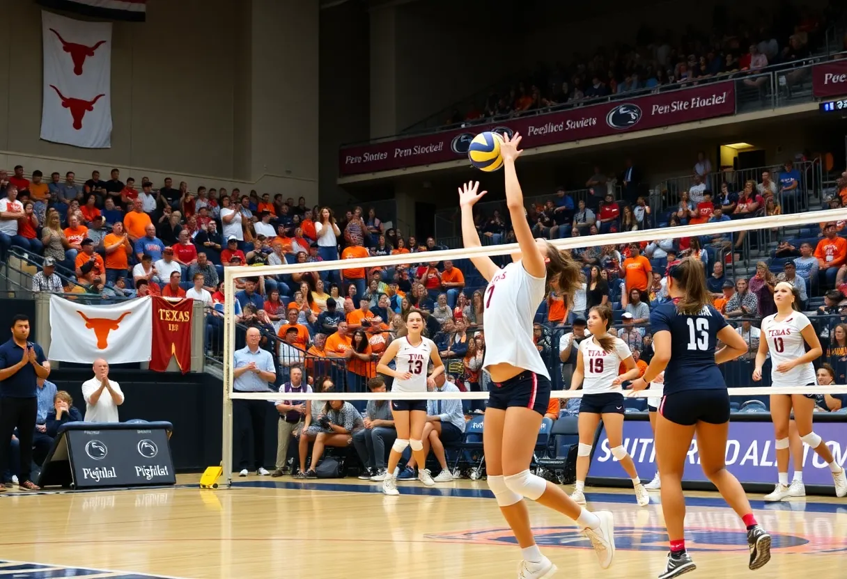 Texas Volleyball team celebrating a victory after defeating Penn State