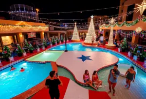 Families enjoying the Texas Winter Lights event with festive lights and decorations.