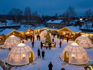 Illuminated igloos and cabins at Texas Winter Lights in Houston