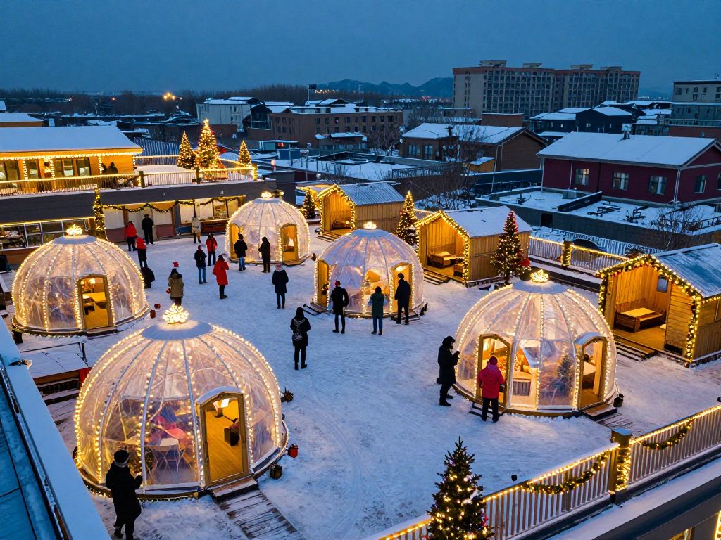 Rooftop decorated with festive lights and private igloos at Texas Winter Lights in Houston