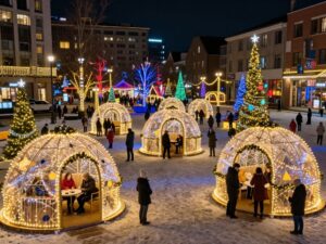 Decorated private igloos amidst holiday lights in Houston