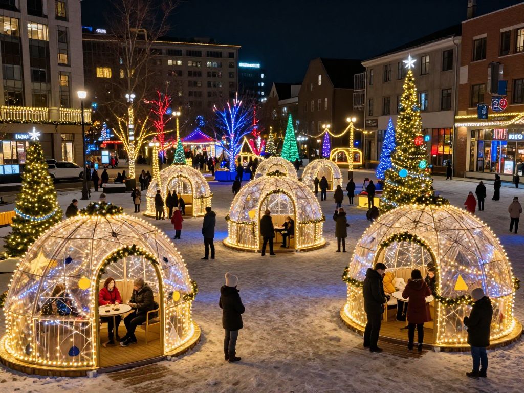 Decorated private igloos amidst holiday lights in Houston