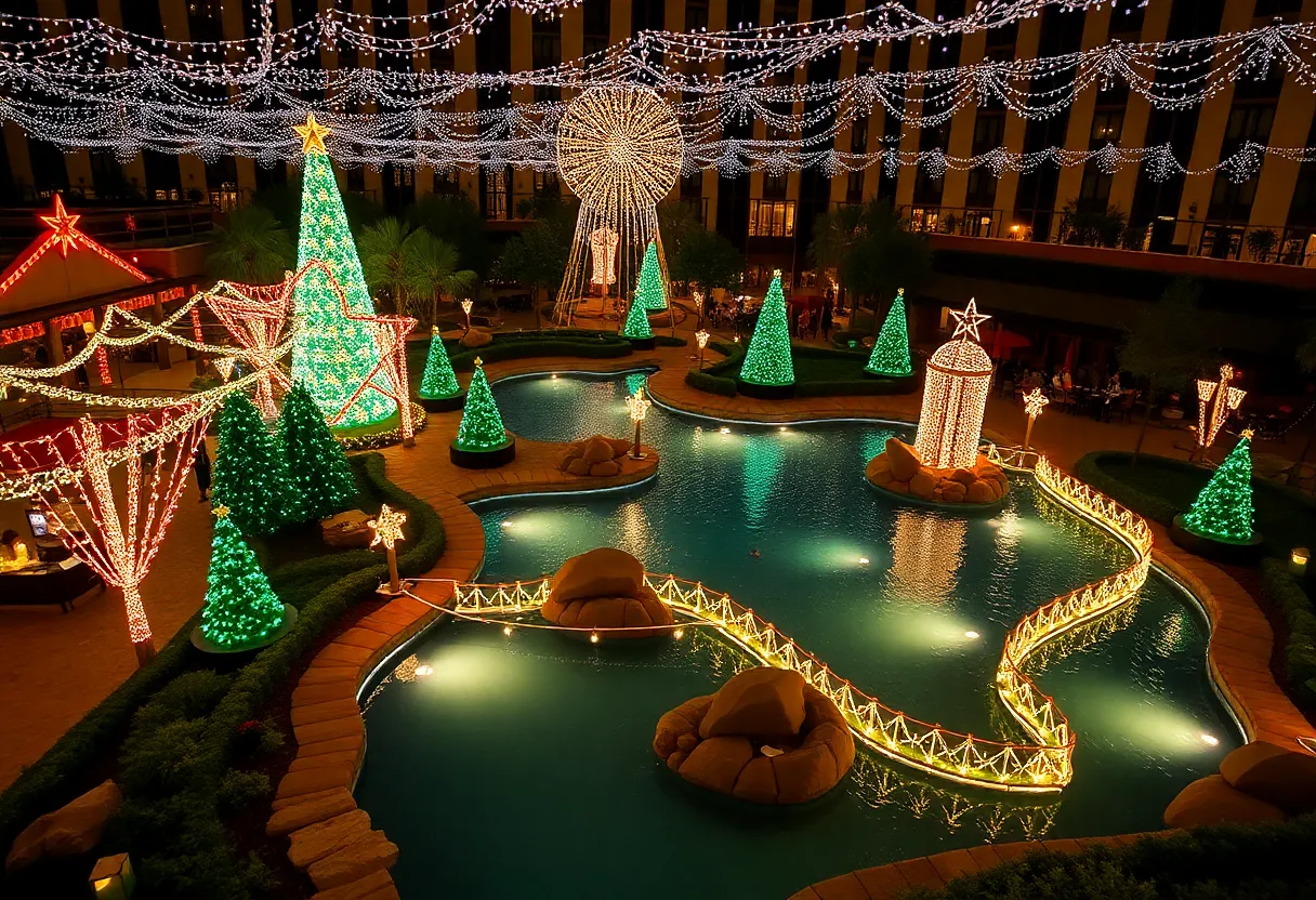 A view of the Texas Winter Lights event with festive decorations and holiday lights at Marriott Marquis Houston.