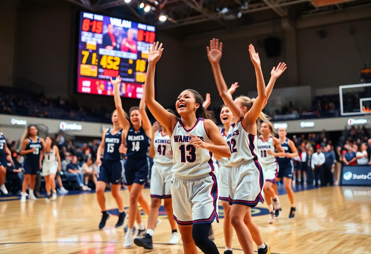 Texas women's basketball players celebrating after a victory