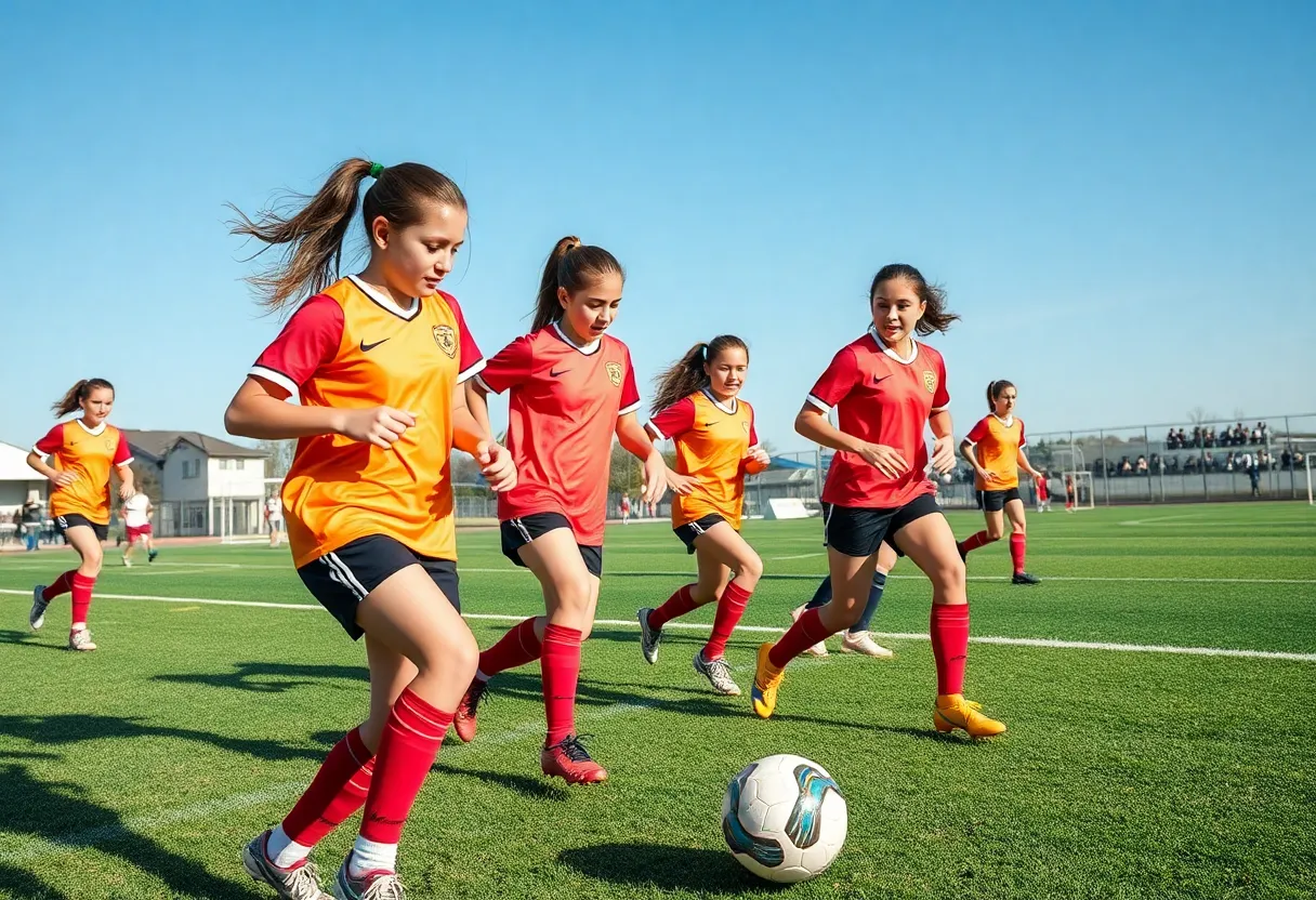 Young female soccer players practicing on a vibrant field