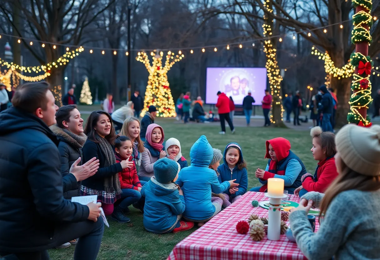 Holiday celebration in The Woodlands, with families participating in various activities.