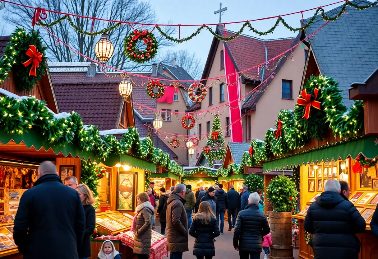 Scene from the Tomball German Christmas Market with festive decorations and vendors