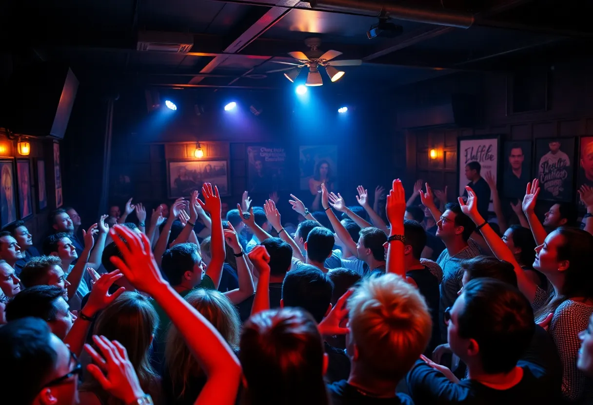 An animated audience enjoying a live performance by Tony Loya at Fr33dom in Houston.