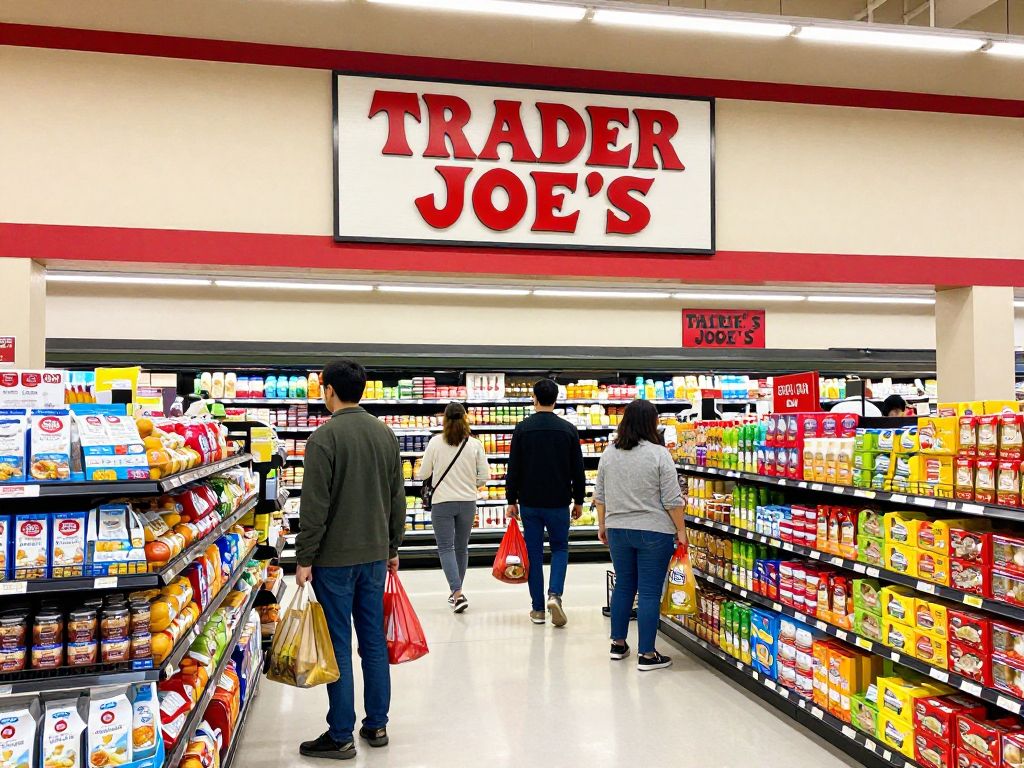 Entrance of Trader Joe's store in Cypress with shoppers.