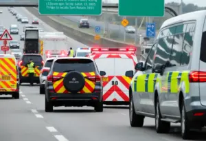 Ambulance and police vehicles at a traffic incident scene on U.S. Highway 290 in Houston.