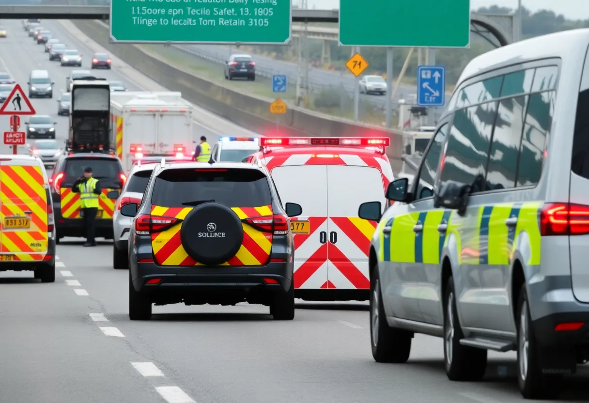 Ambulance and police vehicles at a traffic incident scene on U.S. Highway 290 in Houston.