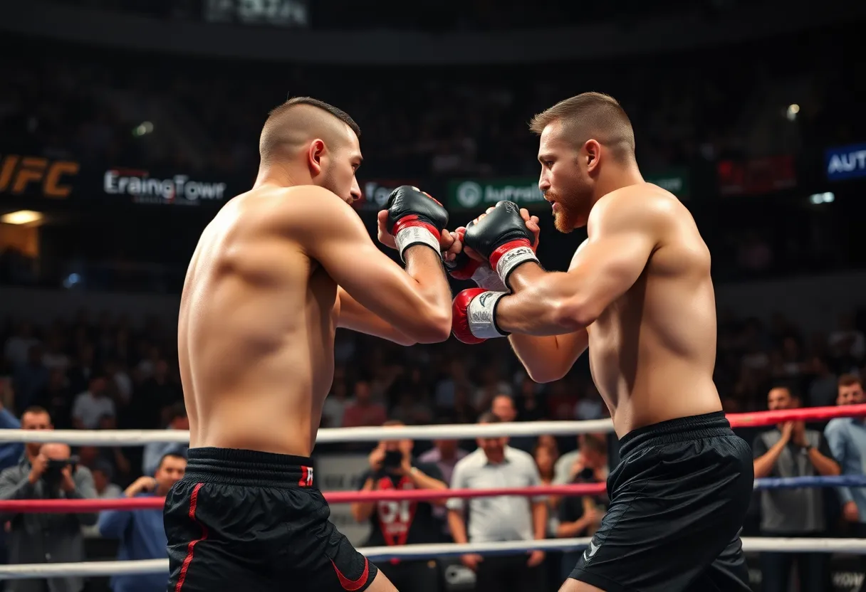 Two UFC fighters battling in the octagon during a fight night in Houston.