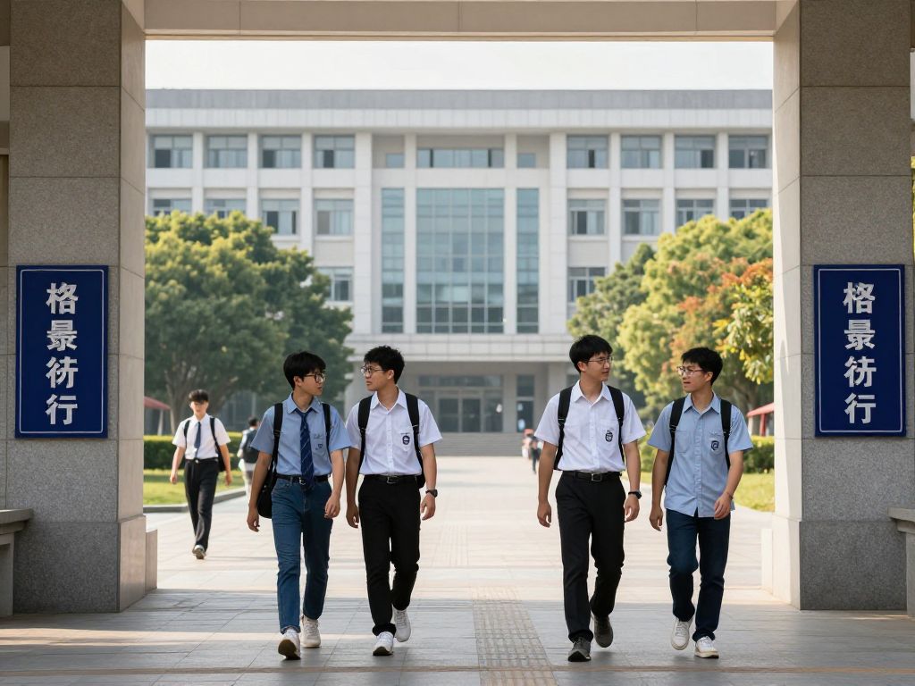 Students walking on a university campus with signs of security.