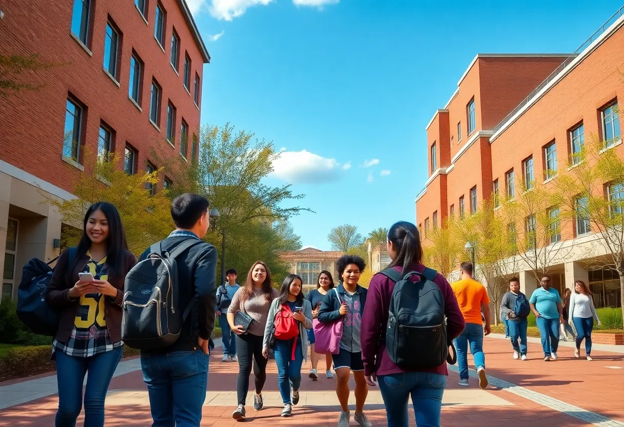 Campus scene of University of Houston with students and facilities