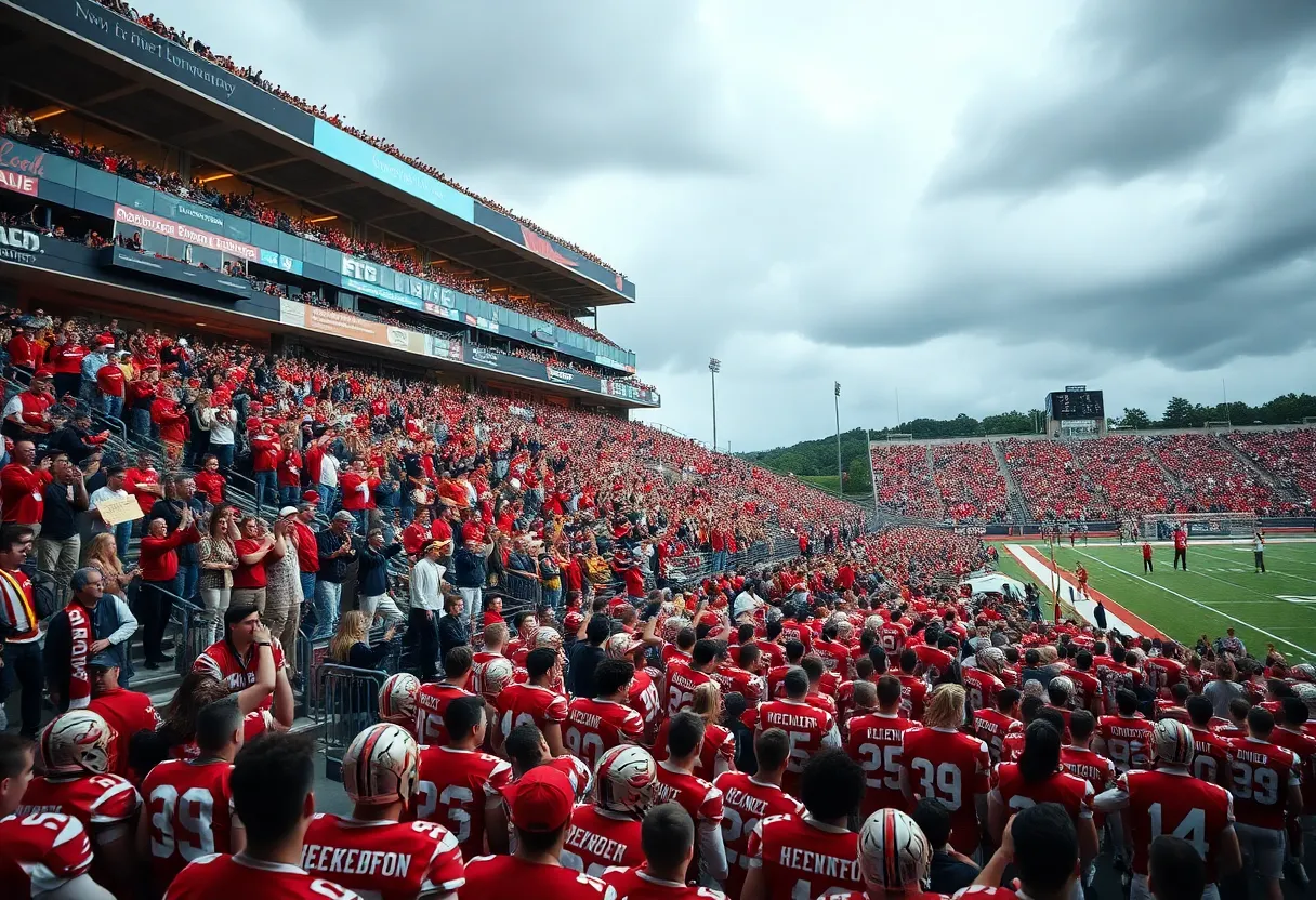 Exciting college football game atmosphere with fans cheering