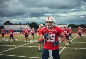 Football players practicing on a field.