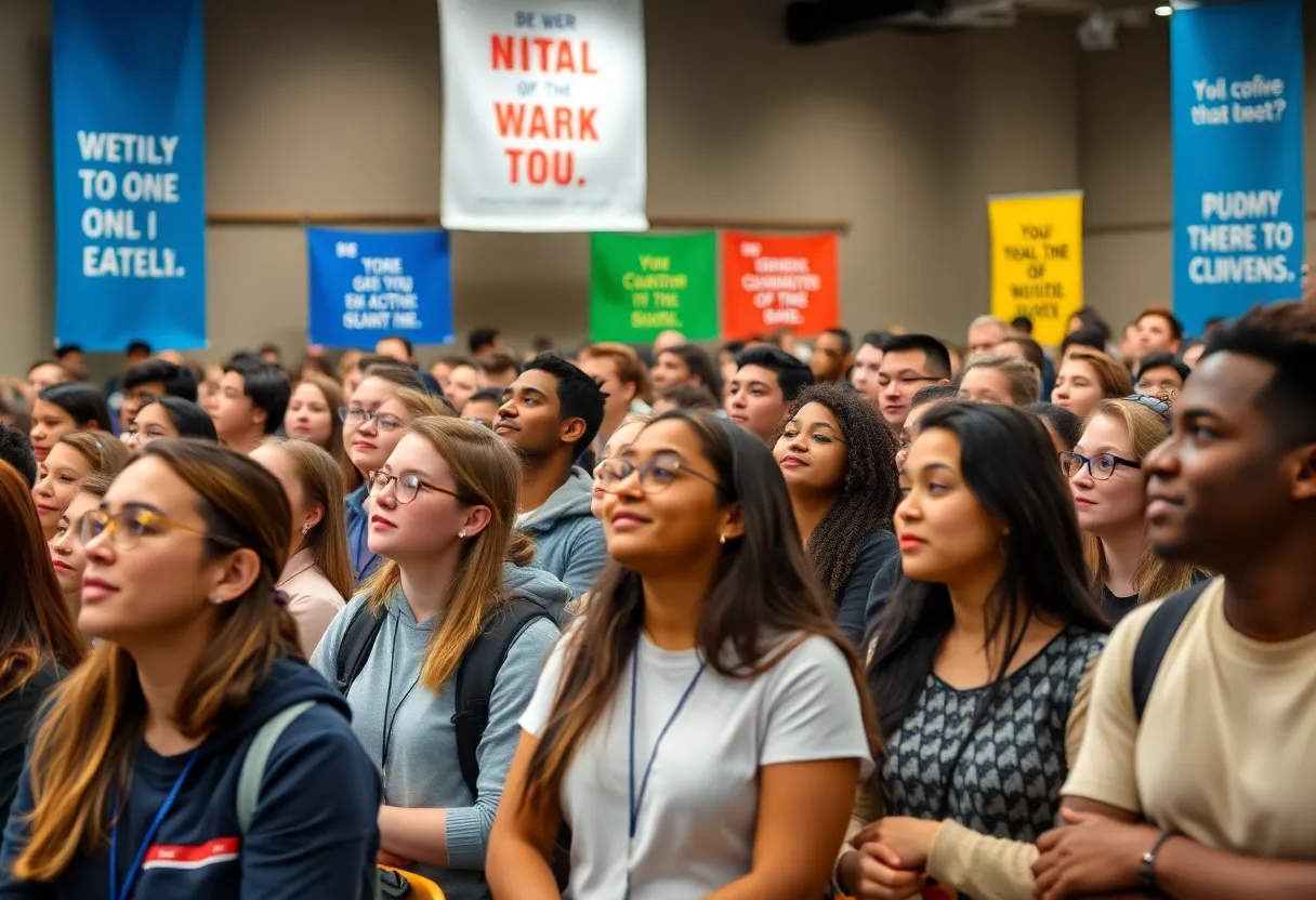 Diverse university students attending a motivational campus event.