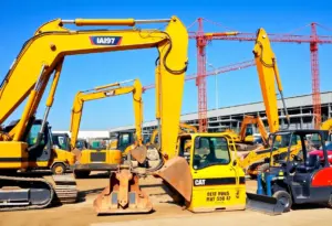 A variety of used construction equipment displayed in a Houston construction yard.