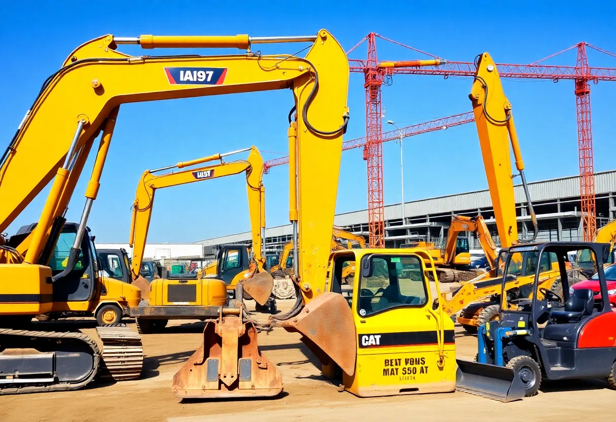 A variety of used construction equipment displayed in a Houston construction yard.
