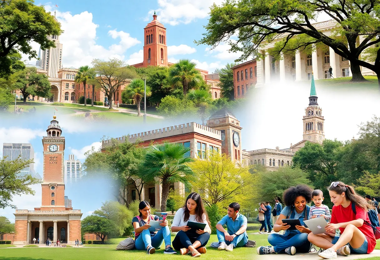 Diverse students collaborating outside on UT Austin campus