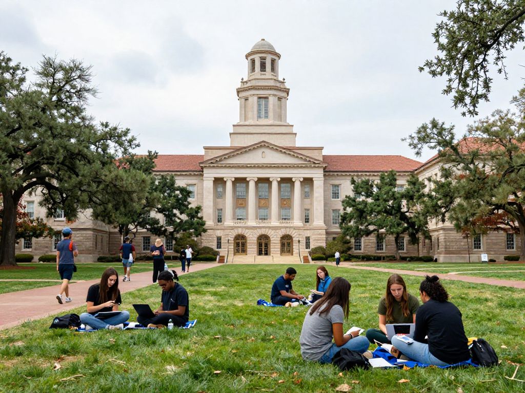 Campus view of the University of Texas at Austin with students.