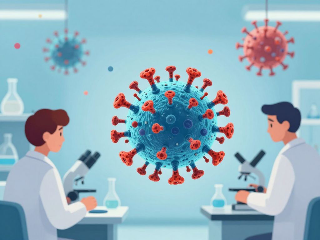 Illustration of antibody molecules interacting with a virus in a research lab environment.