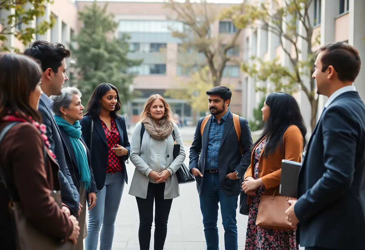 Faculty members discussing educational leadership on campus