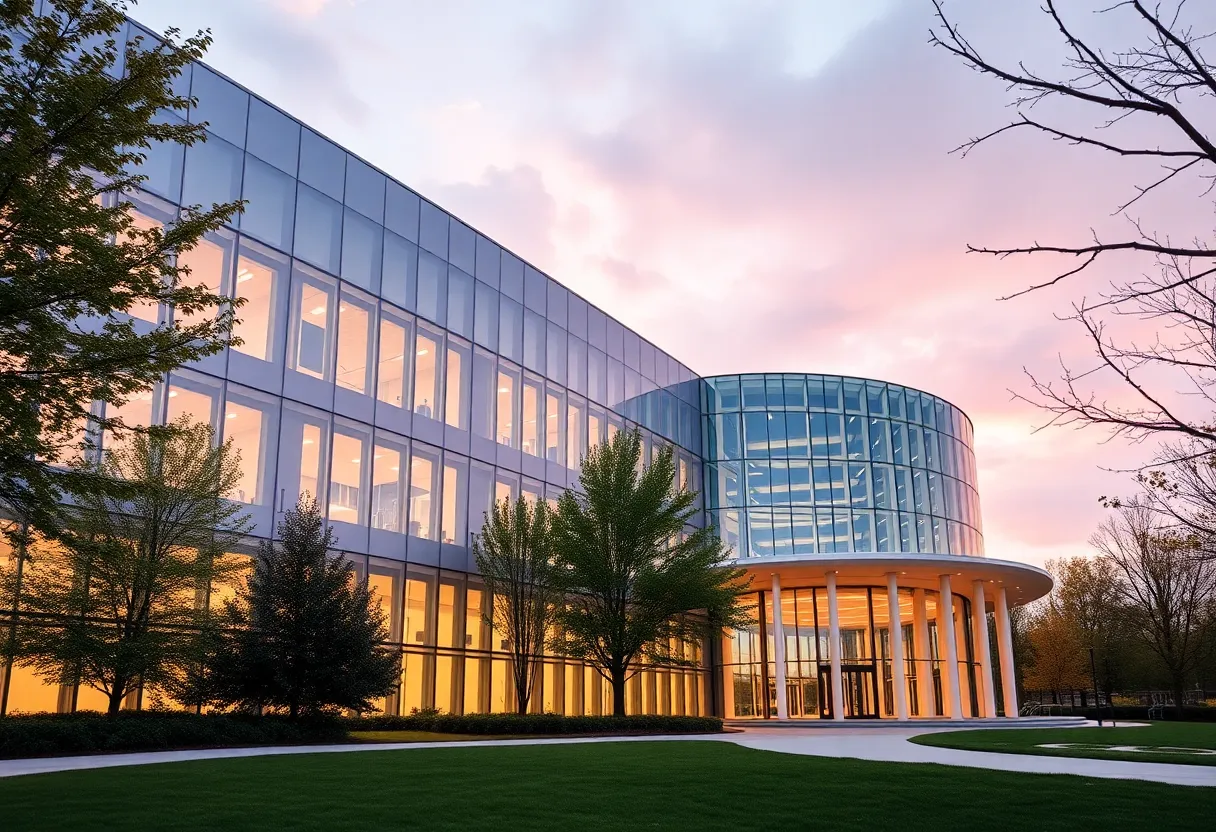 Illustration of a modern research center at UT Austin promoting interdisciplinary collaboration.