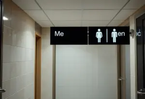 Restroom signage at UT Austin indicating male and female facilities