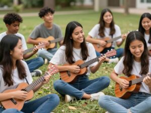College students participating in a ukulele therapy session at UT Austin.