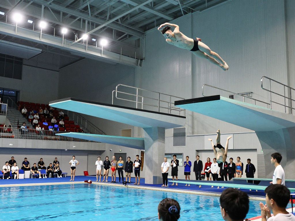 Divers from the University of Texas showcasing skills at the USA Diving Winter Nationals.