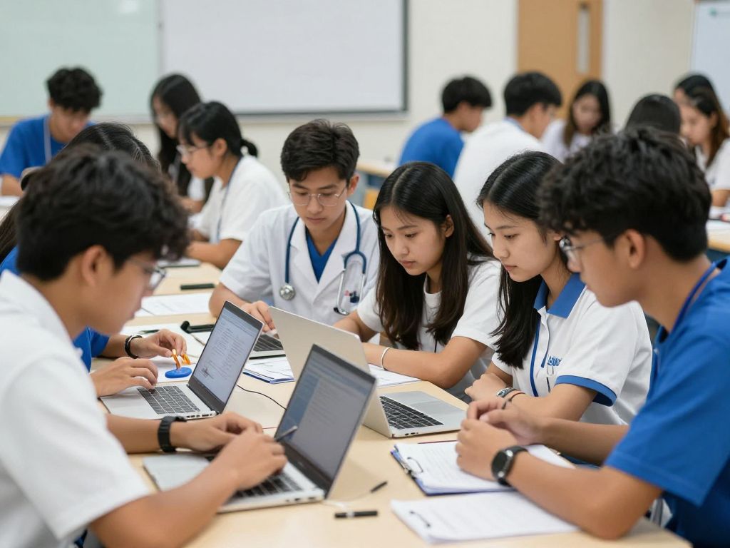 Graduate students from the UT McCombs School of Business collaborating on healthcare initiatives.