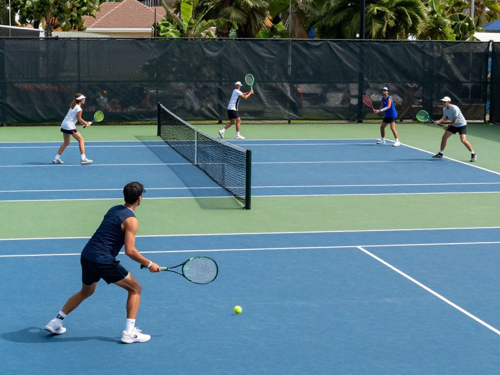 Diverse players on a tennis court during a collegiate match