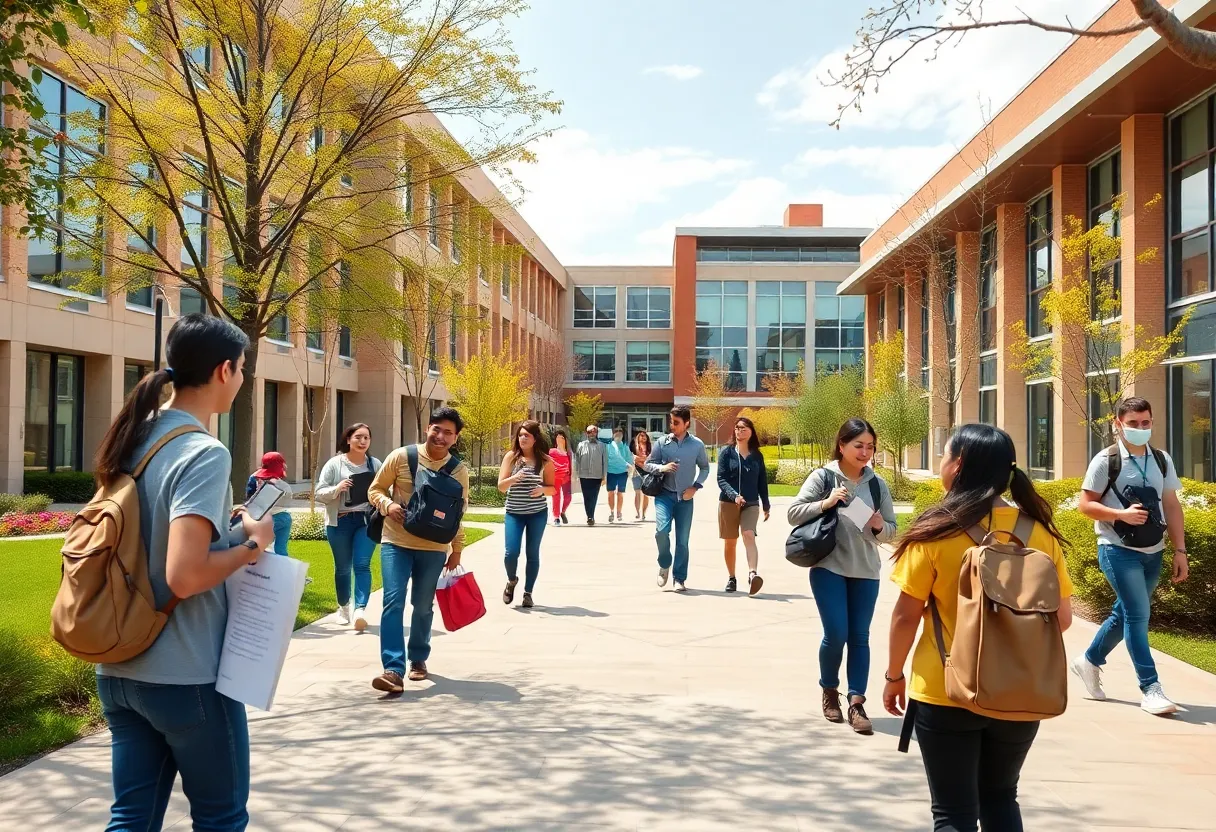 Colorful scene of UTSA showcasing health, engineering, and athletic facilities with students interacting.