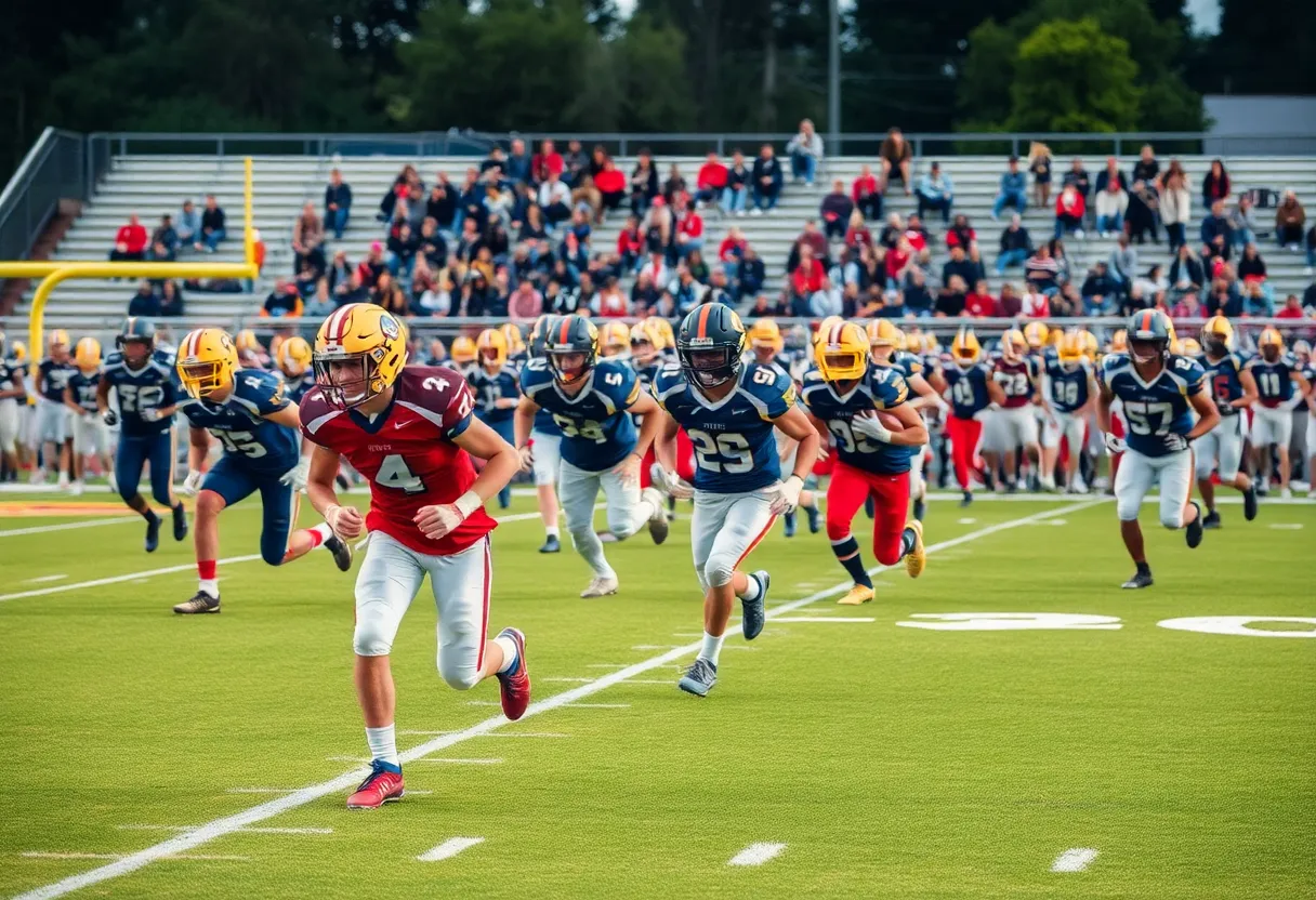 Football players from Vandegrift and Lake Travis competing on the field.