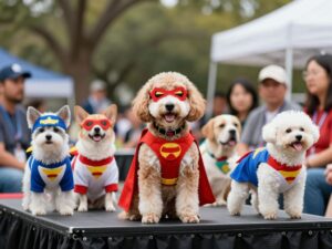 Pets in superhero costumes at the Wags and Whiskers Luncheon
