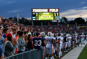 High school football game at Freedom Field with Warner Robins Bears playing against Veterans Warhawks.