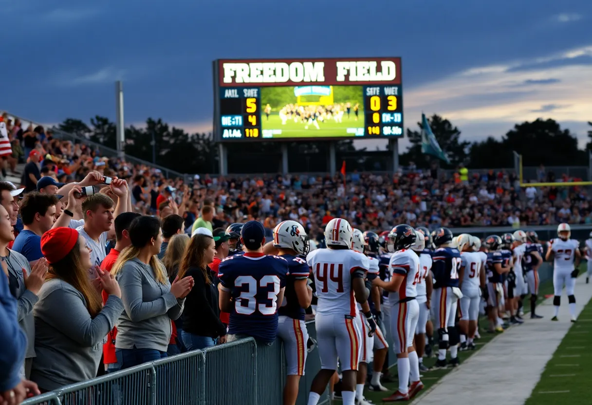 High school football game at Freedom Field with Warner Robins Bears playing against Veterans Warhawks.