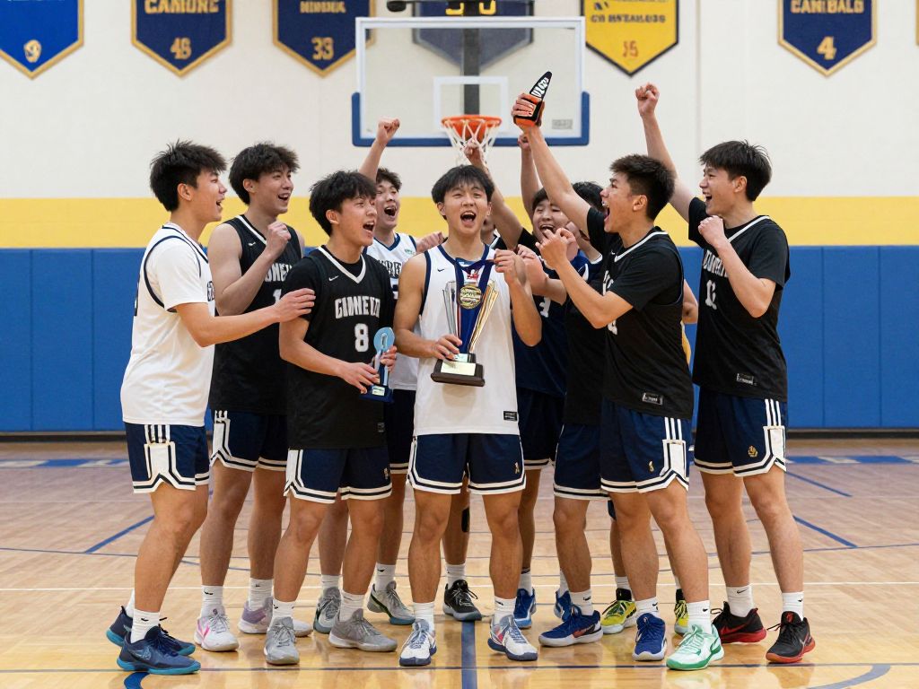 High school basketball team celebrating their victory