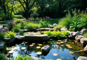 A peaceful water feature surrounded by vibrant plants in a Houston garden.