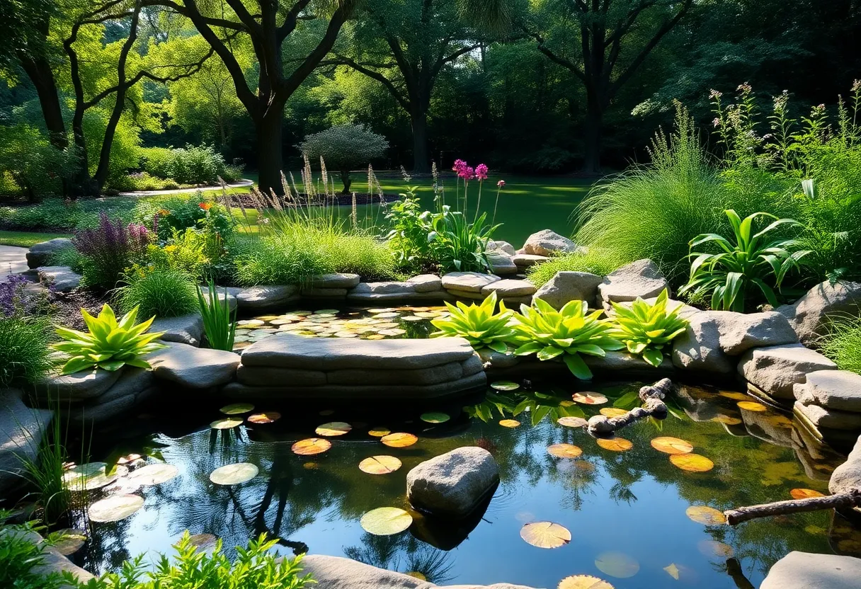 A peaceful water feature surrounded by vibrant plants in a Houston garden.
