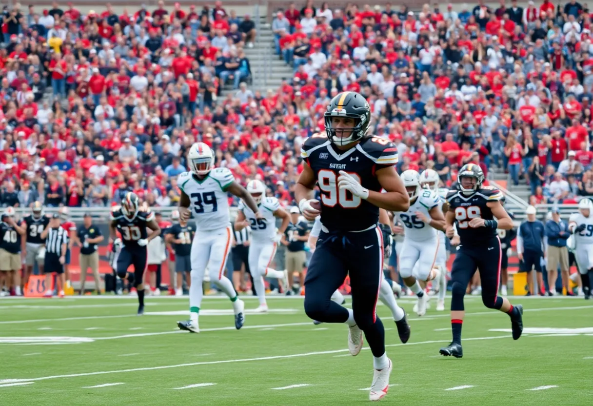 Football game action with players and crowd in the background