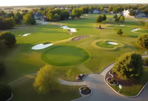 Rendering of a public golf course in The Woodlands Township with practice areas and outdoor seating