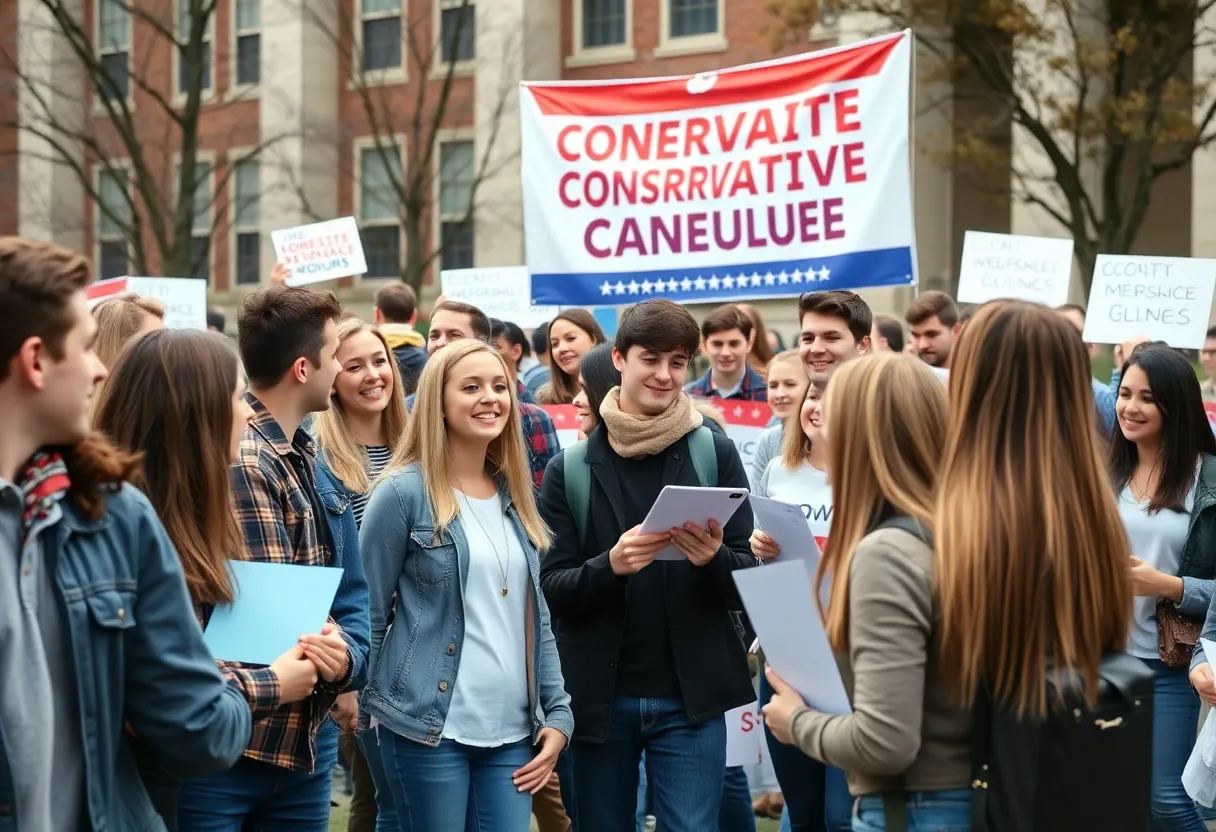 Students engaged in political activism at a university event