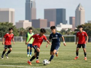 Youth soccer players training in Houston with a city skyline in the background.