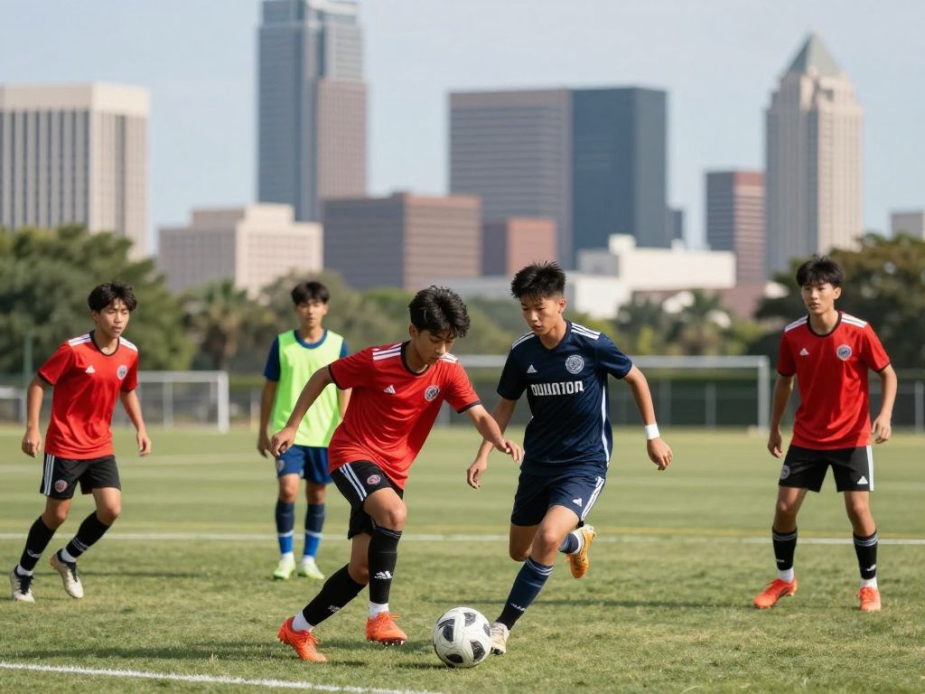 Youth soccer players training in Houston with a city skyline in the background.
