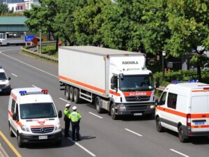 Emergency vehicles at the scene of an 18-wheeler shooting on an urban highway.