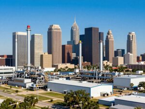 Texas skyline with AI technology and manufacturing