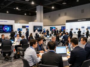 Conference attendees discussing AI and technology advancements.